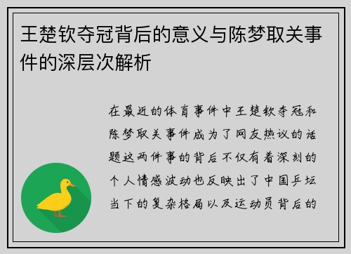 王楚钦夺冠背后的意义与陈梦取关事件的深层次解析